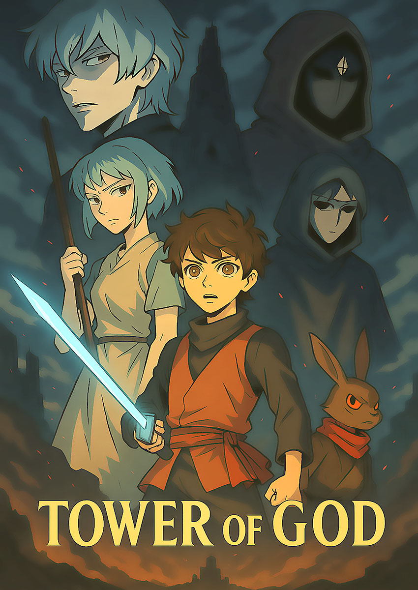 Artistic depiction of Tower of God characters in an adventurous scene with intense colours.